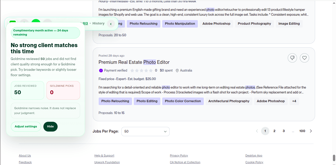 Goldmine post-filter panel showing no strong client matches