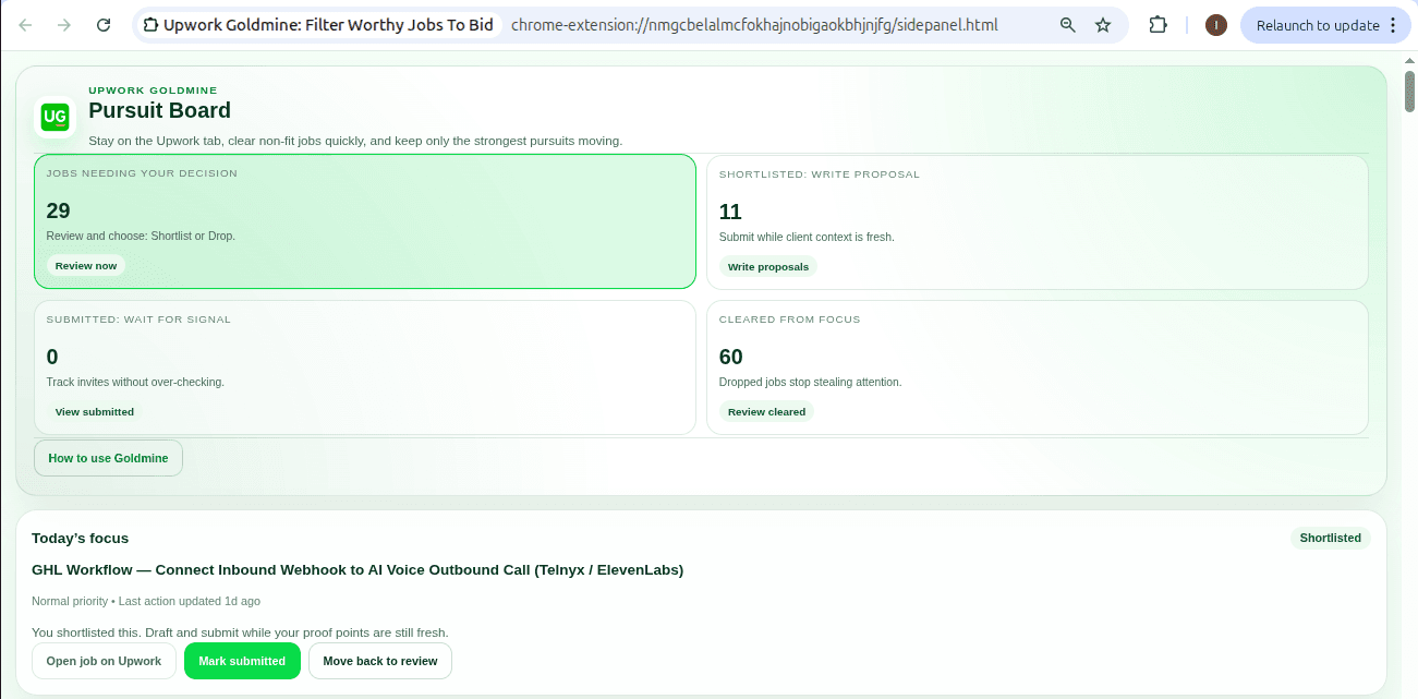 Goldmine Pursuit Board showing review and shortlisted jobs