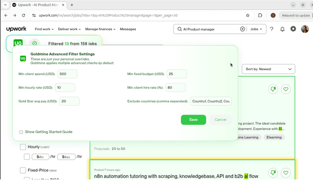 (optional) Customize filters: min spend, hourly rate, exclude countries & more to tailor your results.